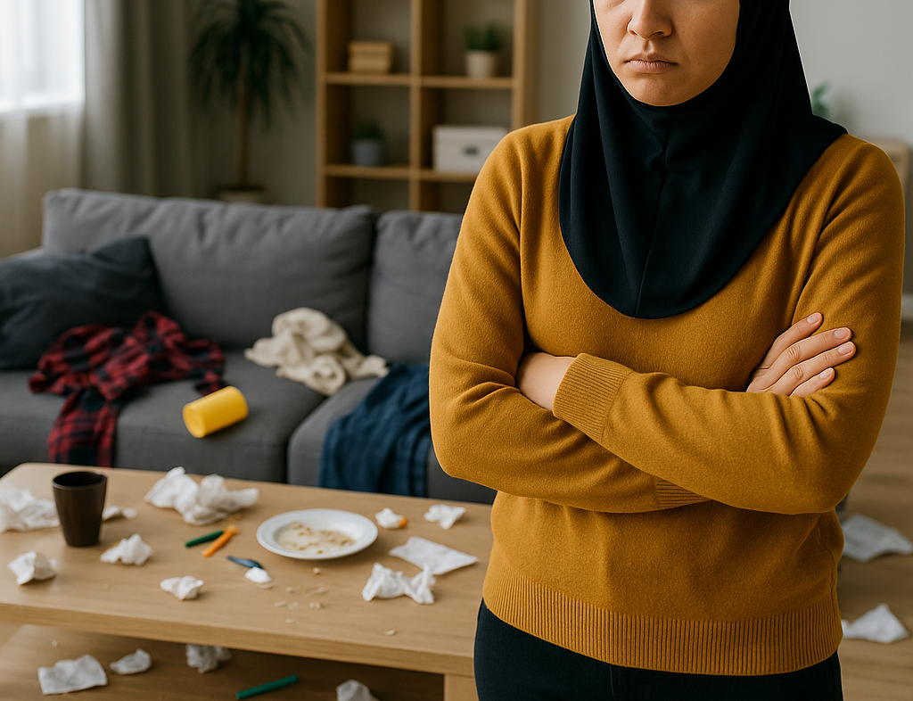 Woman upset after house mess